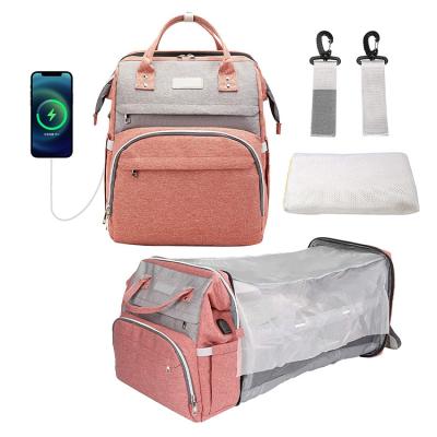 China With USB large capacity multifunctional foldable waterproof backpack with baby bed USB port sunscreen cloth insect screen changing mumm for sale