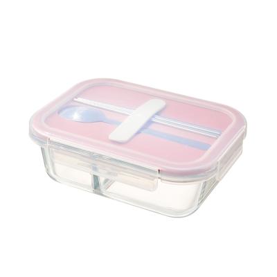 China Large Rectangle 2 Compartment Borosilicate Microwave Leakproof Microwavable Glass Bento Box Safe Food Container for sale