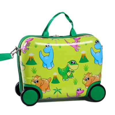 China OEM Wholesale Cartoon 16 Inch Green Dinosaur Cartoon ABS Design Hard Shell Cabin Size Child Ride On Suitcase Luggage for sale