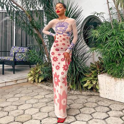 China Mesh Floral Print Maxi Dress Breathable Sexy Elegant O-neck Long Sleeve Backless Women See Through Lady Body-training Long Dress Attirewear for sale