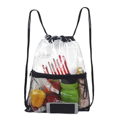 China Custom Cheap Waterproof PVC Clear Transparent Stadium Bag Drawstring Approved Backpack With Front Zipper Mesh Pocket for sale