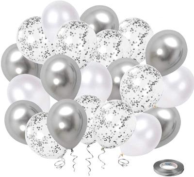 China White Silver Party Deco Confetti Latex Balloons Silver Metallic Chrome Party Balloon Set With Silver Ribbon For Wedding Birthday Decoration for sale