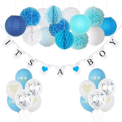 China Party Decorations Baby Shower Decoration For The Boy With It's A Boy Banner Pompom Paper Tassel Confetti Balloon Paper Lantern for sale