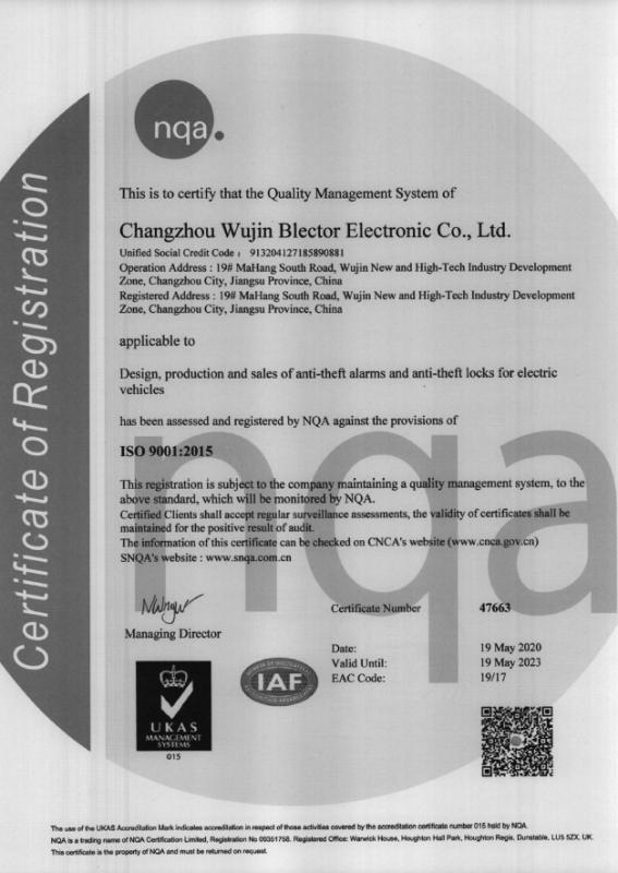 ISO9001 - Changzhou Wujin Blector Electronic Co., Ltd.