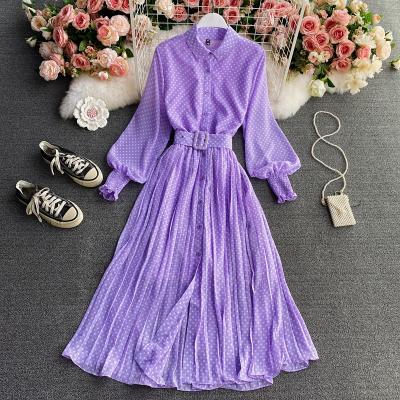 China Anti-Static Single Breasted Women Dot Print Holiday Dresses Ladies Casual Spring Fashion Breath Sleeve Breasted Edge Chiffon Dress Vestidos for sale