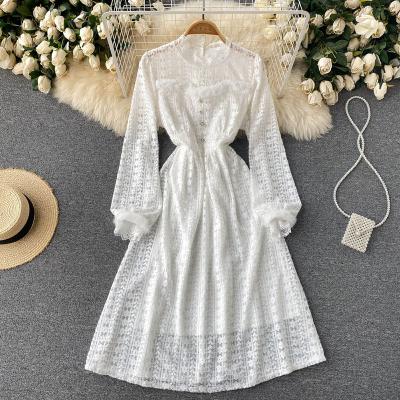 China High Quality Anti-static Elegant White Guipure Lace Puff Sleeve Backing Neck Pearl Button Plush Trim Midi Dress For Women for sale