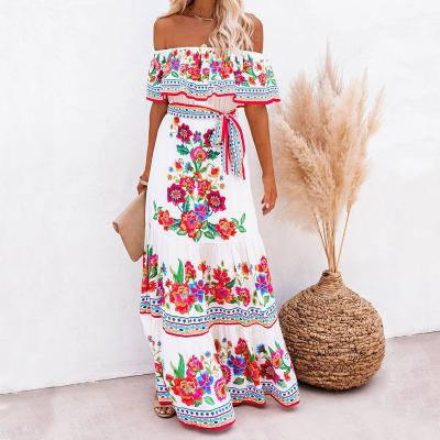 China Summer Nationality Anti-Static Style Off The Shoulder Print Bandage Dress Sandbeach Casual Bohemia Women Long Lower Edge Maxi Dresses Ladies for sale