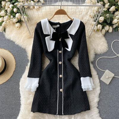 China Lady Winter Elegant Bow Anti-Static Patchwork Color Contrast Button Pearl Trim Lace Short Dress For Women for sale