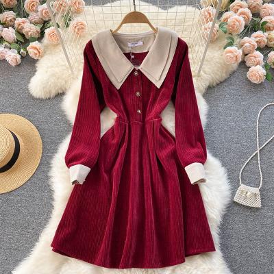 China Winter Vintage Corduroy Anti-Static Turn Down Collar High Waist Hem Casual Dress Women Streetwear Contrast Color Shorts Shorts Dresses for sale