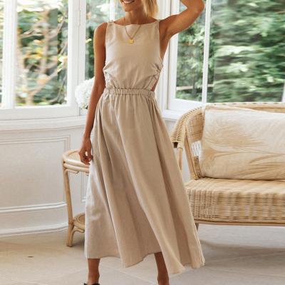 China Summer Fashion Anti-Static Round Neck Hollow Out Tight Waist Sleeveless Bottom Edge Ruched A Line Casual Dress For Women for sale