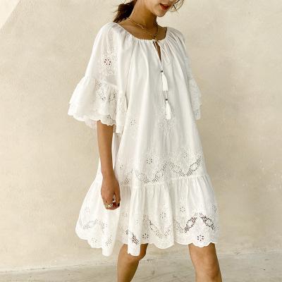 China 2021 New Summer Cavity Elegant White Tassels 100% Anti-Static Rayon Loose Dress For Women for sale