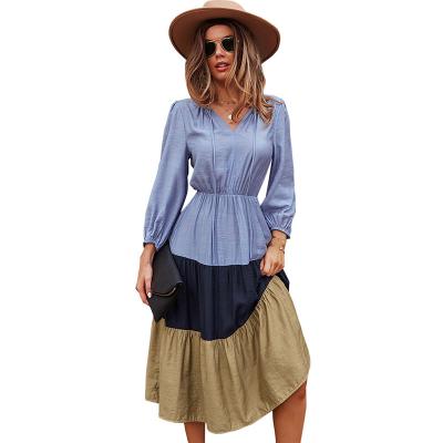 China 2021 New Autumn Casual High Waist Patchwork V-Neckline Anti-Static Lower Hem Line Women Ropa Vestidos A Dress for sale