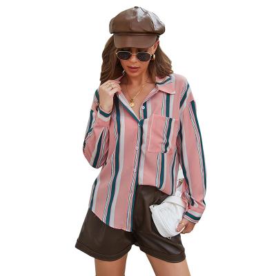 China 2022 New Anti-pilling Spring Casual Stripe Pockets Trim Turn Down Collar Cardigan Blouse Women Tops Fashion Streetwear Shirts for sale