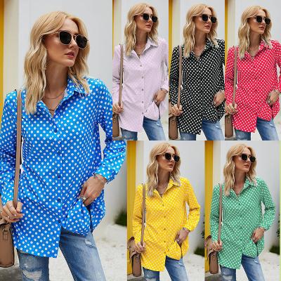 China Anti-pilling Inventory Clearance Clothes Women Long Sleeve Turn Down Collar Dot Print Blouse And Shirts Plus Size for sale