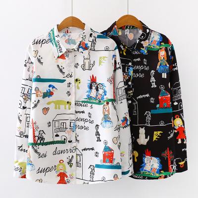 China Chiffon Doodling Creativity Spring Anti-Pilling Spring Turn-Down Collar Blouse Ladies Cute Shirts Women's Casual Long Tops Fashionable for sale