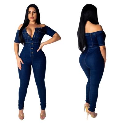 China 2021 QUICK DRY one-shoulder overalls and romper autumn navy blue slimming short sleeve jeans overalls women Legging for sale