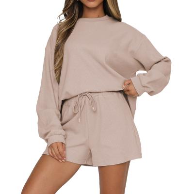 China Anti-pilling 2 Pieces Sets Autumn Casual Color Solid Long Sleeve O Neck Loose Hoodies And Shorts Sportswear Loungewear Sets For Women for sale