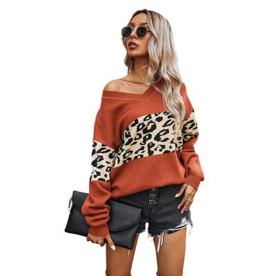 China Casual Anti-wrinkle V-neck leopard patchwork pullover loose knit sweater for women tops fashionable for sale