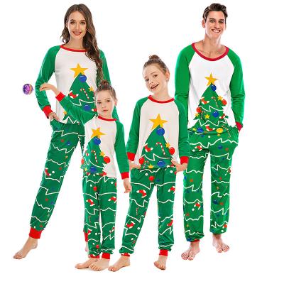 China 2021 QUICK DRY New Autumn Winter Green Christmas Tree Print Tracksuit Pijamas Navidad Christmas Family Set for sale