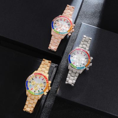 China New 2021 Day/Date Quartz Stainless Steel Watches Synchronize Relogio HIP HOP Watches Micro Pave Iced Out Zircon Watches for sale