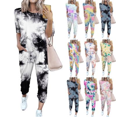 China 2021 High Quality Home Wear QUICK DRY Shorts Sleeve Multicolor Tie Dye Knit 2 Piece Women Fashion Pajama Set for sale