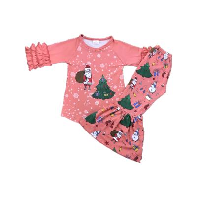 China 2021 Breathable Top Fashion Santa Printing Cute Pink Girls Pajamas Kids Pajamas Sets Christmas Pajamas Kids for sale