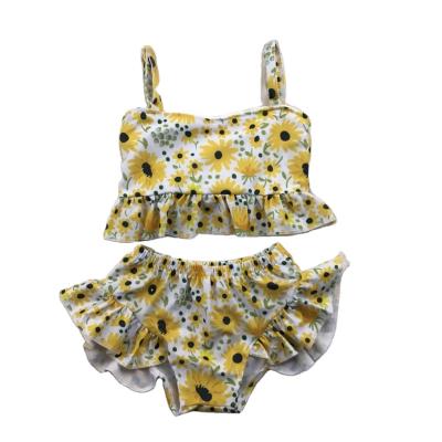 China 2021 Latest Milk Silk Hot Sale Summer Chrysanthemum Printed Sling Swimsuit Set Kids Clothing Sets for sale