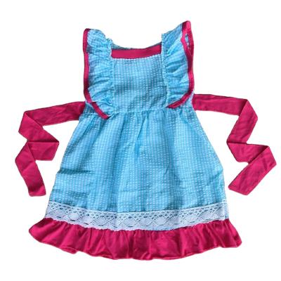 China Polyester/cotton new arrival summer sleeveless lace up baby girl dress with plaid and ruffle. pure cotton for sale