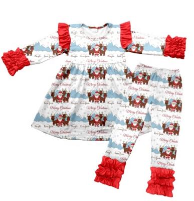 China Wholesale Polyester/Cotton Boutique Baby Suits Red Santa Claus And Deer Printed Christmas Outfit Costume Girls Set for sale