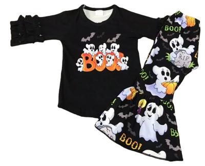 China Polyester / Cotton RTS Girl Halloween Small Team Kids Autumn Pumpkin Prints Clothing Set For Girl for sale