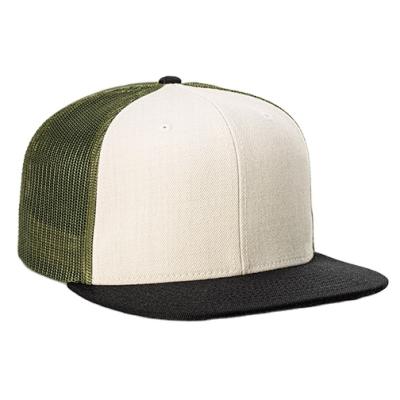 China COMMON 6 Panel Wool Trucker Snapback Hat With Mesh Hip Hop Outdoor Mesh Hat With Bill Camouflage Flat Cap for sale