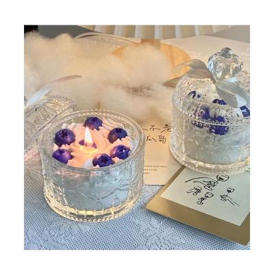 China Handmade Soy Glass Wax Jar Birthdays Candy Candle Cake Shape Blueberry Scented Candles for sale