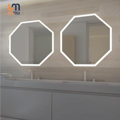 China Customized Luxury Hotel LED Backlit Anti-fog Device Bathroom Magnifying Modern Irregular Smart Mirror for sale