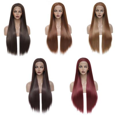 China Yaki Brown Color Synthetic Lace Front Wigs For Black Women Long Straight Soft Free Part 13X3 Lace Frontal Wig X-TRESS Heat Resistant for sale