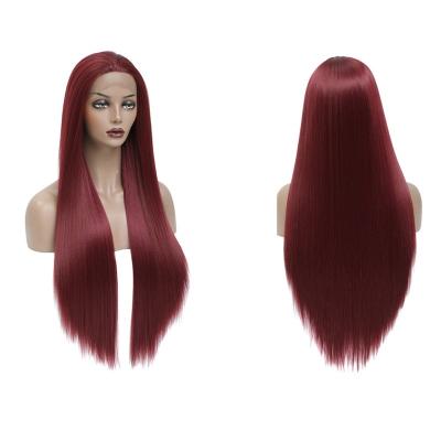 China Burgundy Yaki Lace Frontal Wigs Wine 13X3 28 Inch Long Straight Hair Synthetic SOKU Red Heat Resistant Fiber Free Lace Front Wig for sale