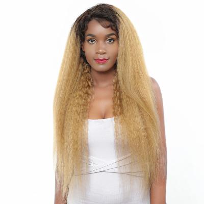 China X-TRESS Remy Brazilian Kinky Curly Human Hair Silk Straight Wig With 4*13 Pre Plucked Lace Front Wig 150% Density Ombre Brown Natural Hair Wig for sale