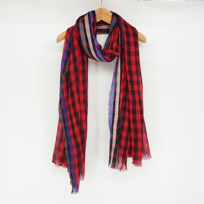 China Red Luxury Woven Merino Head Scarf Eyelash Chiffon Wool Plaid Multi Color Check Woolen Plaid Women's Scarf for sale