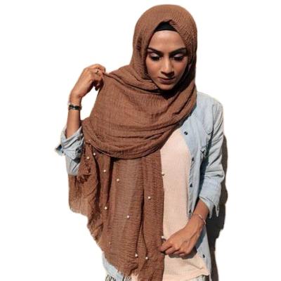 China Wholesale Light Solid Color Pearl Pleat Solid Color Woven Women Hijab Cotton Scarf Polyester Woven Hijab Scarf for sale