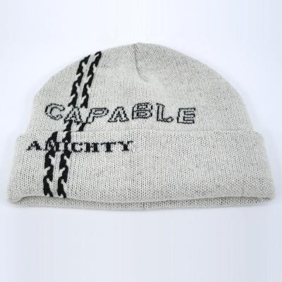 China JOINT Stylish Jacquard Logo Customize Light Gray Knitted Acrylic Pattern Wool Mens Winter Beanie Hat for sale