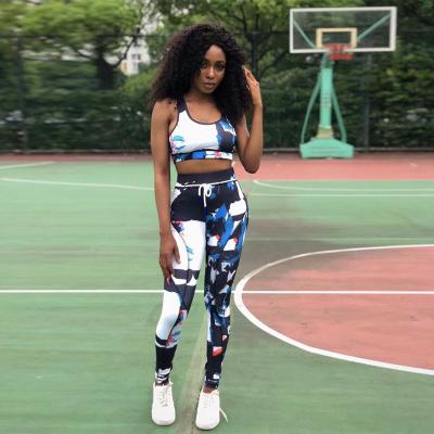 China Anti-pilling Good Quality Printed Casual Vest Sports Suit Women High Waist Sleeveless Tight Pants for sale