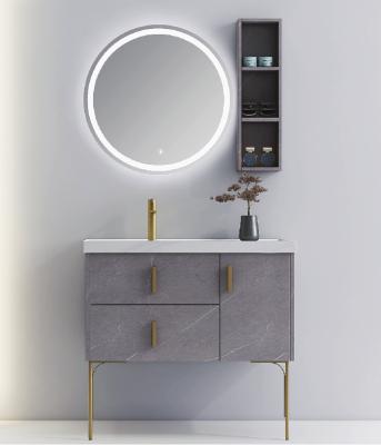 China Gray Bathroom Cabinet With LED Modern Design Hotel Bathroom Vanity Floor Standing Vanity Mirror for sale