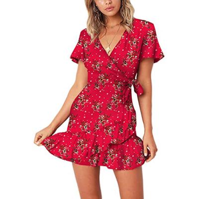 China 2021 Wholesale Breathable Summer Women Short Sleeve Floral Print Ruffle V-Neck Casual Dress Short Dresses for sale