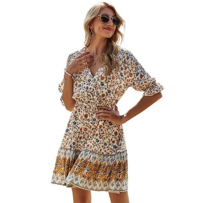 China Summer New Breathable Floral Casual V-Neck Short Sleeve Dresses Women Beach Boho Midi Dress For Beach for sale