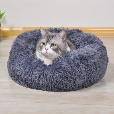 China Travel Pet Nest Round Shape Cat Bed Winter Warm Super Soft Long Plush Cat Deep Sleep Bed for sale