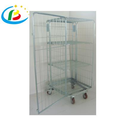 China Storage Warehouse Galvanized Roll Container Structure Four Wheels Folding Trolley for sale