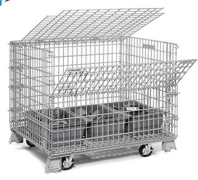 China Supermarket Metal Transport Customized Storage Galvanized Welded Folding Wire Mesh Collaposible Container With Wheels for sale