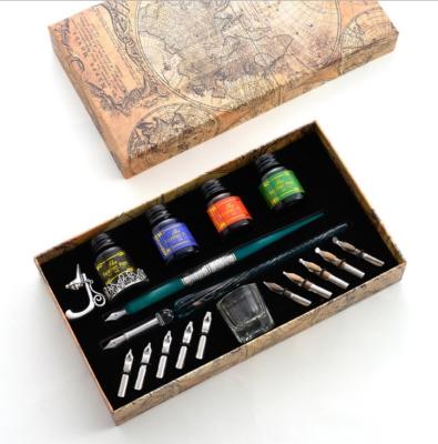 China Retro Art Dip Pen Vintage Calligraphy Glass Dip Pen Gift Set Wooden Glass + 10 Seeds + Ink + Pen Holder Map Box 4 Colors for sale