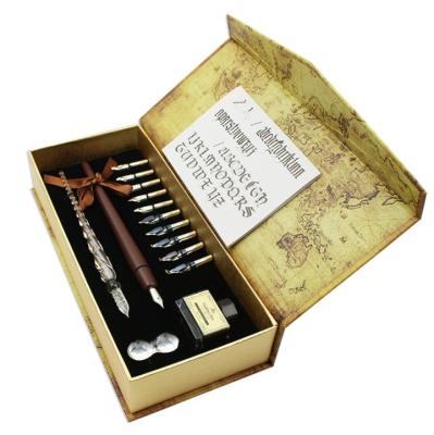 China Immersion 2022 Wooden Retro Art Vintage Calligraphy Pen Writing Ink Set Stationery Crystal Quill Wedding Glass Nibs for sale