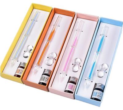 China Can Dip Pen New Design 6 Color School Stationery With Glass Ink Pen Set Dip Pen Holder Hourglass Fountain Crystal for sale