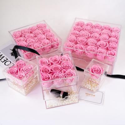 China Touch Natural Gift Preserved Flower In Acrylic Box Valentine Wholesale Everlasting Stabilized Preserved Rose In Acrylic Box Customized Color for sale